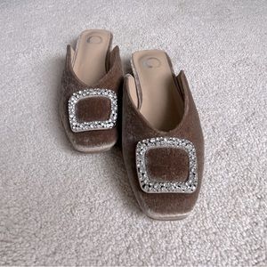 Velvet Brown Rhinestone Buckle Mule Slip-Ons